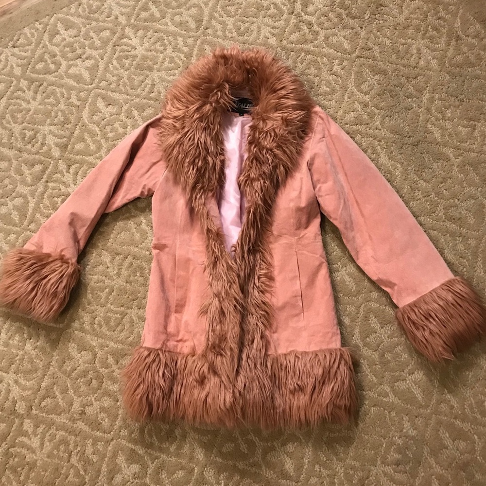 Pink leather fur coat